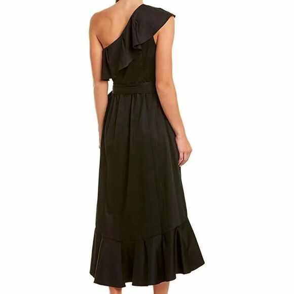 NWOT Adrianna Papell Black One Shoulder Tie Waist Ruffle High Low Hem Midi Dress - Picture 2 of 10